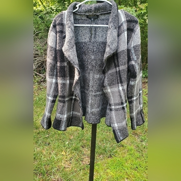NEW Joseph A. Plaid Open Front Cardigan Sweater Drape Collar Jacket Black Size S - Picture 2 of 7
